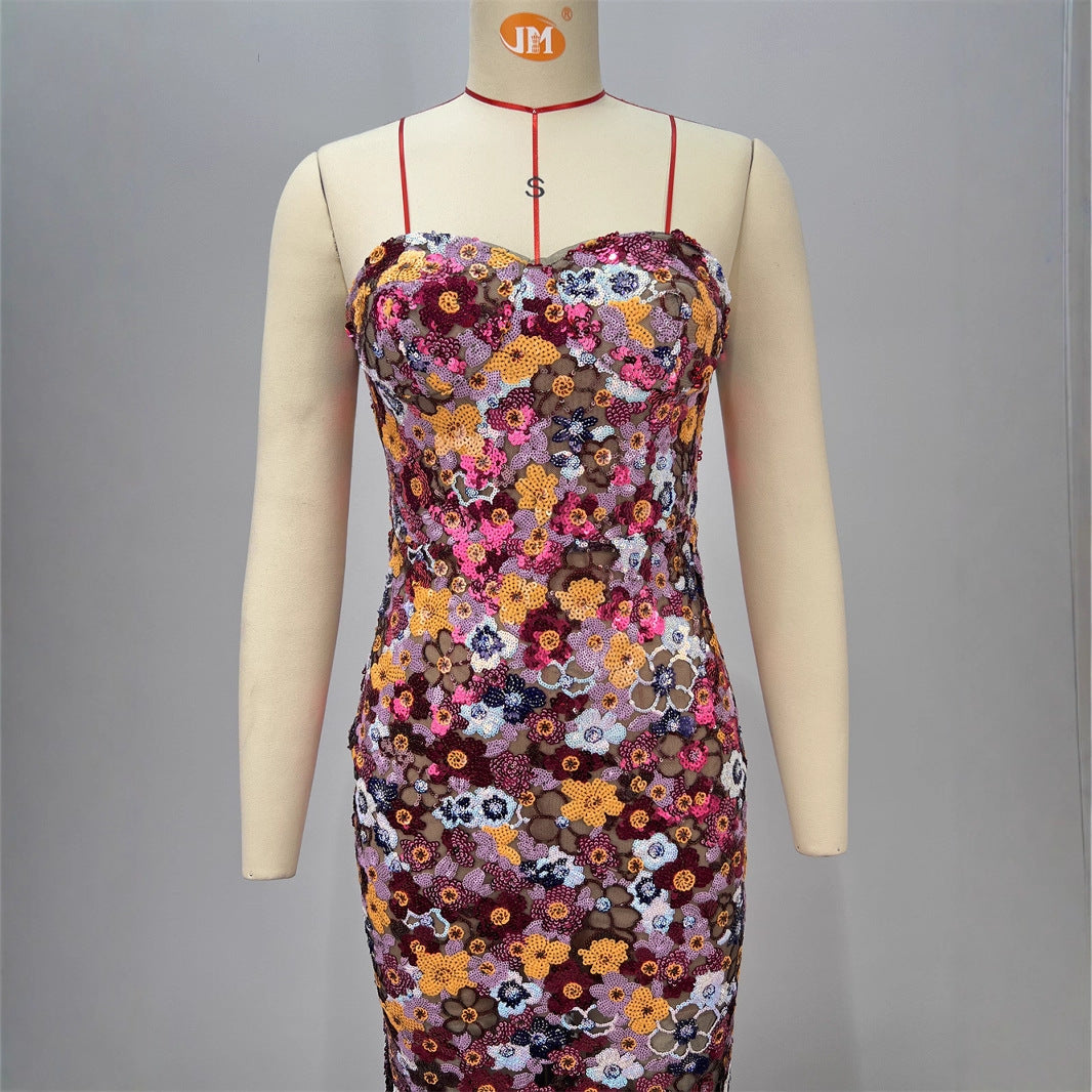 Women's Style Casual Backless Tube Top Slim Fit Floral Decorated Long Bodycon Dress