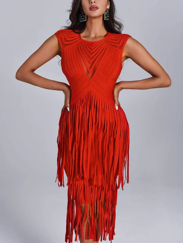 Backless fringe dress red sleeveless luxury bandage skirt hip-covering skirt