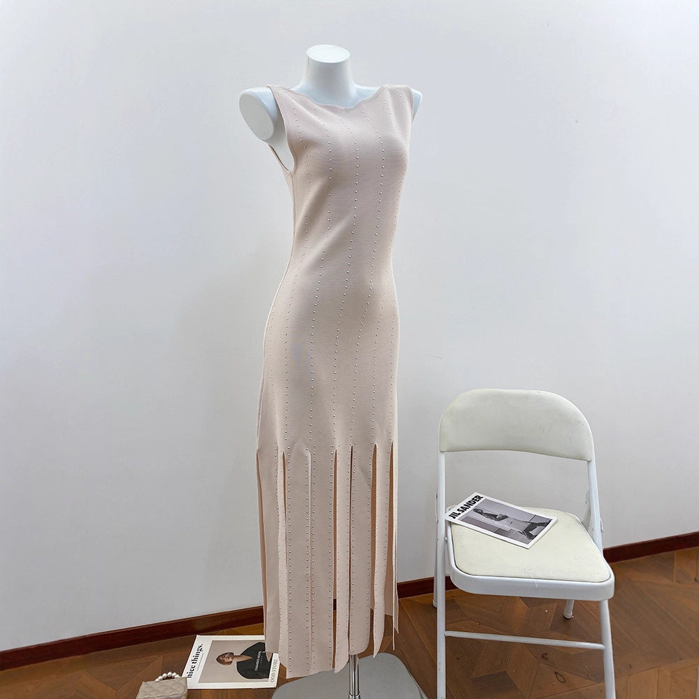 Elegant Beige Hem-Slit Knitted Dress with Embellished Beading, Vintage Style One-Piece Dress