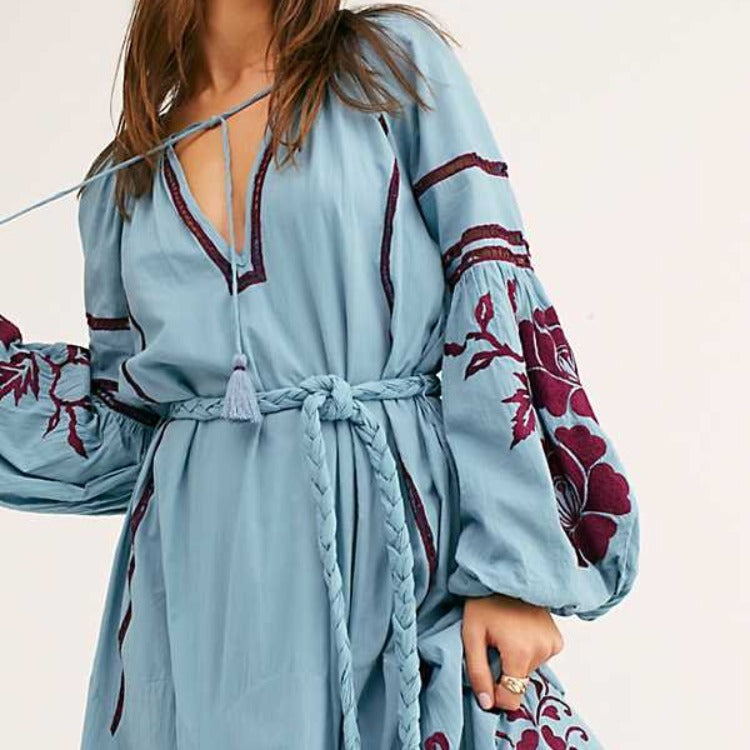 Bohemian lantern long sleeve embroidered neckline lace-up resort beach dress with belt