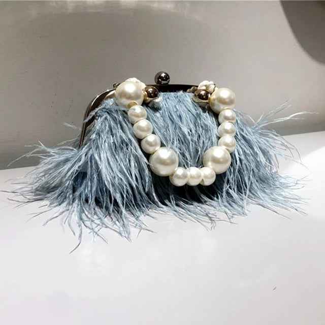 Feather Handbag Women Evening Crossbody Bag Pearl Chain Snake Chain Shoulder Bag Luxury Women Bags Design Party