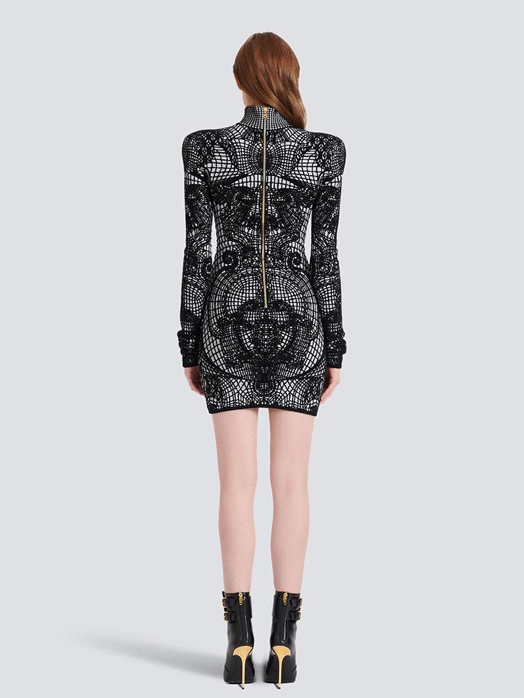 Niche Designer Brand Women's Stand Collar Long Sleeve Skinny Skirt Print Dress