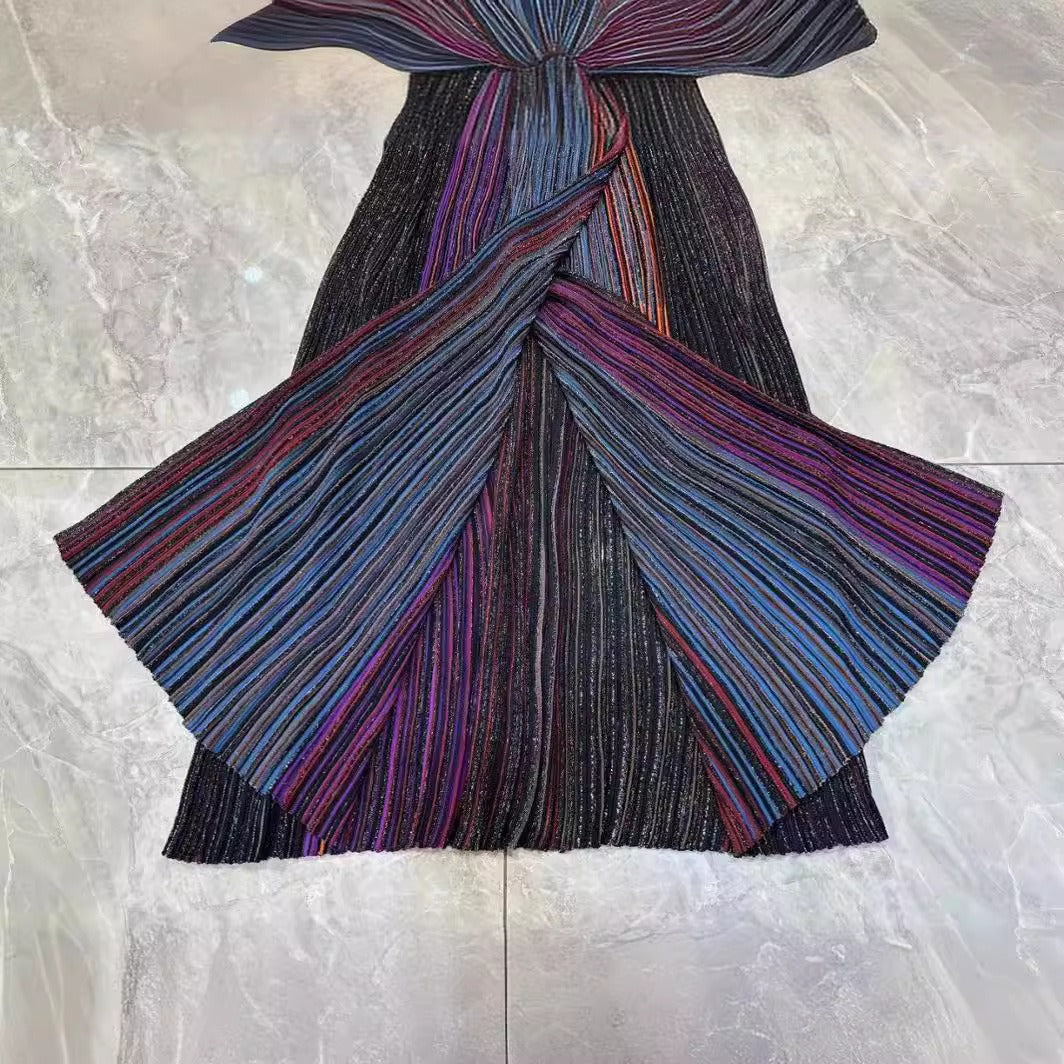 Nanyou Summer Gradient Color Striped Long Skirt Temperament Commuting Pleated Skirt Waist Knitted Elastic Dress