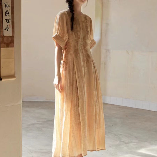 Loose Tie-Up Dress with Hand-Painted Embroidery, Linen Rayon Blend