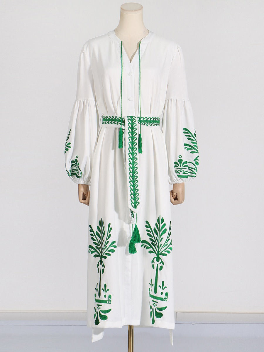 Literary retro style waist slimming lantern sleeve long dress printed lace-up long dress