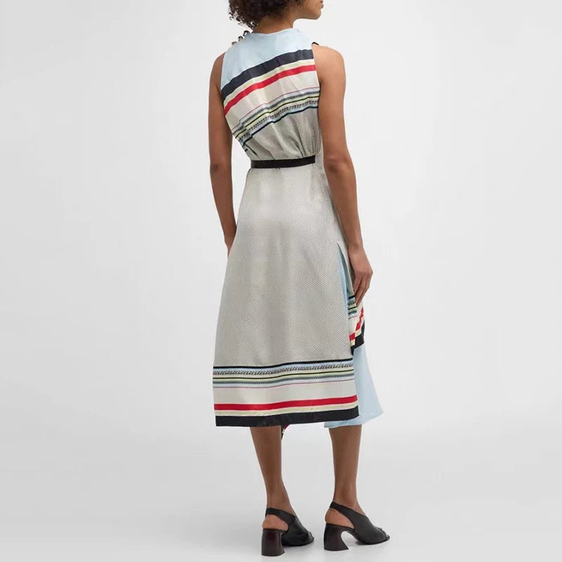 Women's Irregular Colorblocking Sleeveless Dress, Tie Waist Printed Dress, High Quality, Fashionable and Sexy