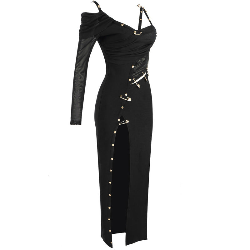 Sexy slim fitting bandage dress mid length dress hollowed out pin metal independent design elegant