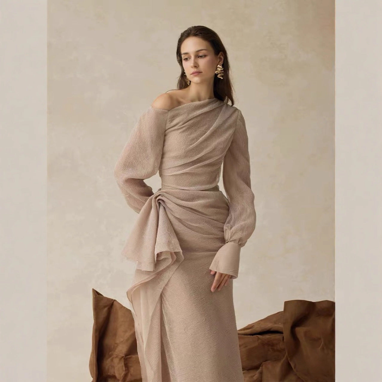 Gentle Style Pleated Long Sleeve Fitted Dress with Asymmetrical Shoulder, Elegant Designer Dress in Khaki