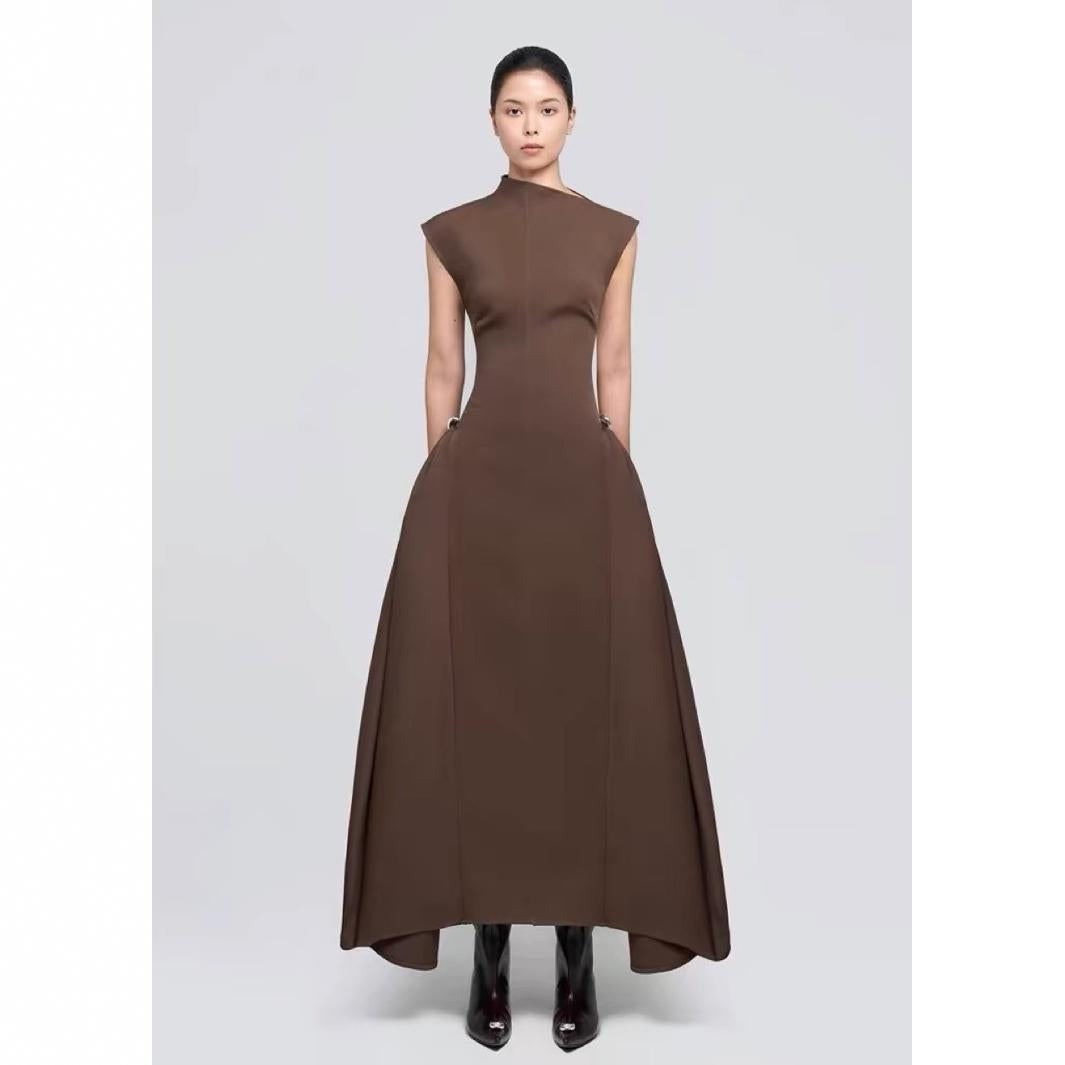Solid Color Sleeveless A-Line Maxi Dress for Women, High Waist, Elegan