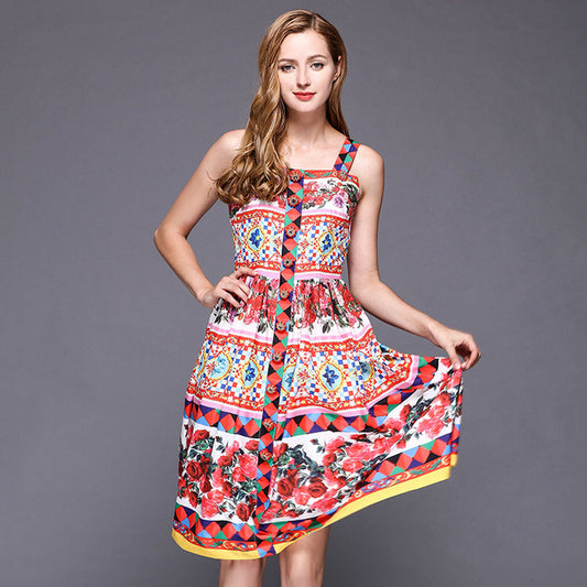 Fashion Designer Summer Dress Women's Spaghetti Strap Elegant Rose Floral Print Button Midi Dress