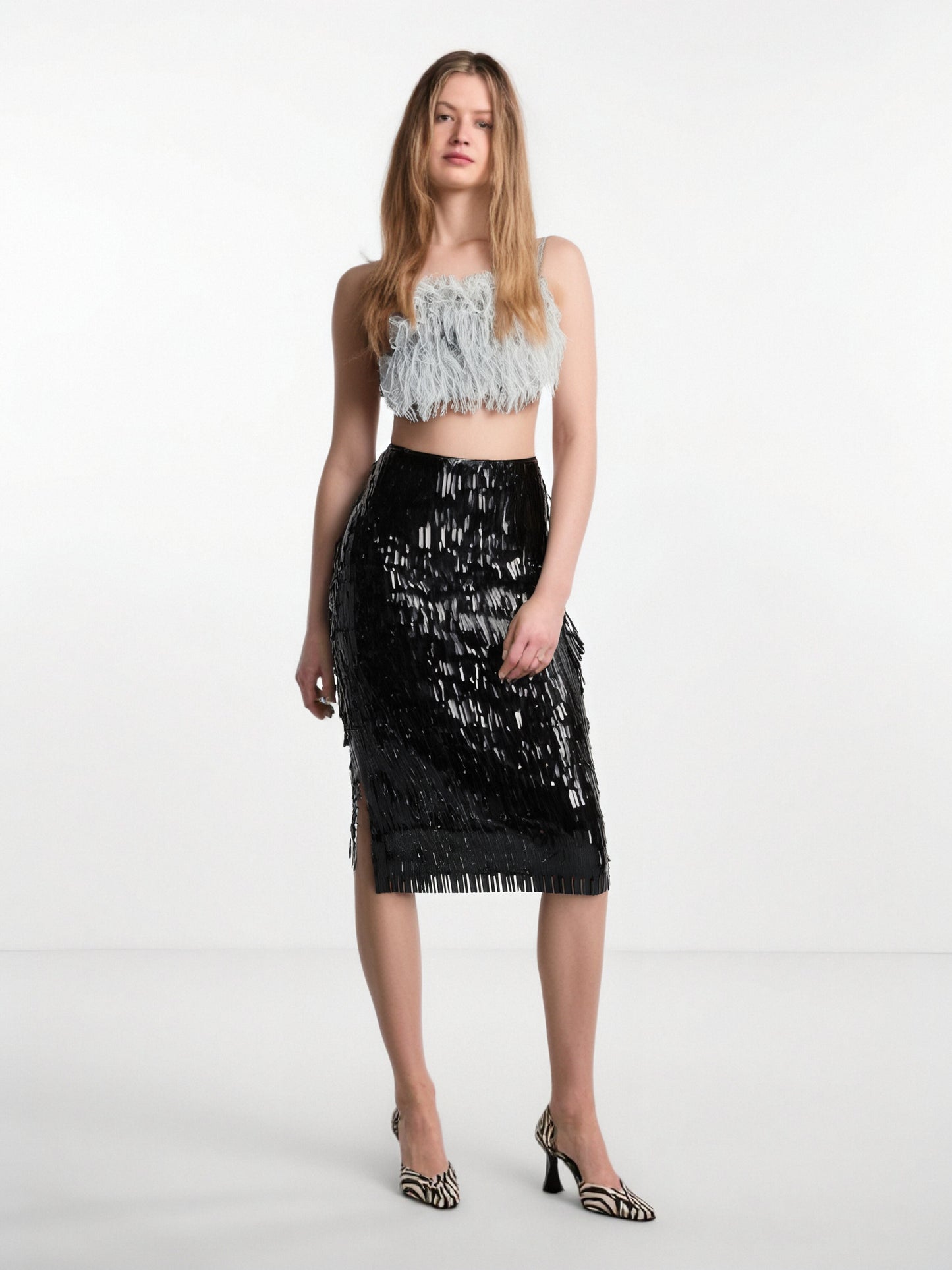 VC Dress Set Women Ostrich Feather Sexy Strap Top + Luxury Black Sequins Long Skirt Two Pieces Set For Wedding Guest
