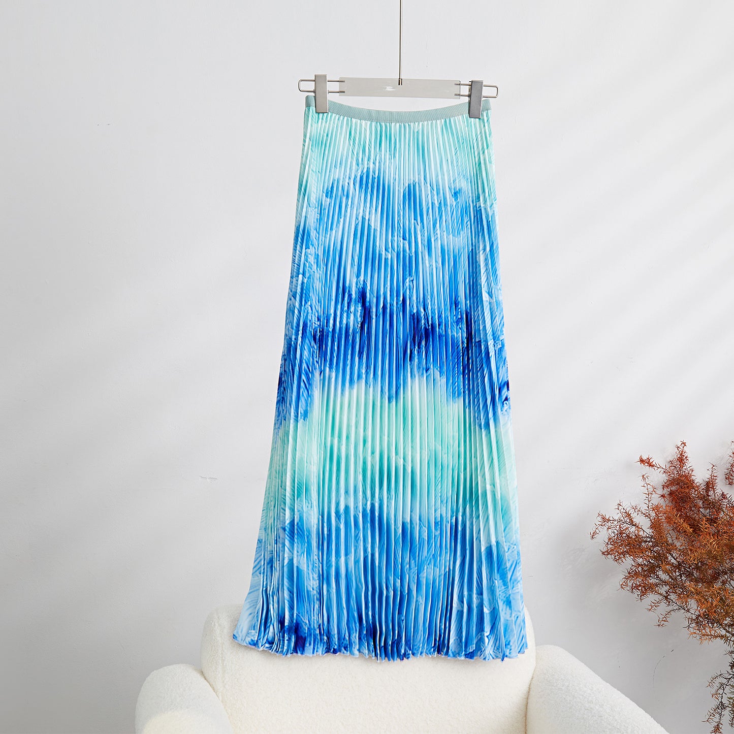 Printed Wave Pleated 2 Pieces Set Women's Turtleneck Long Sleeves Slim Tops High Wasit Fold Skirts Female