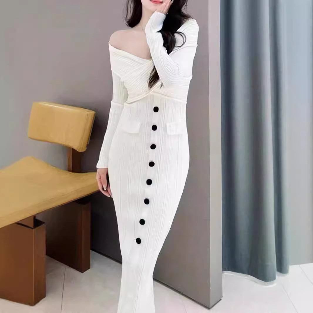 One-shoulder sexy slim knitted dress evening dress with hip-hugging long skirt
