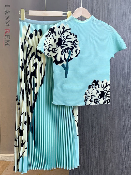 Cause Pleated T-shirt Round Neck Short Printed Flower Tops High Waist Fold Fashion Skirts  Summer - CIANARA