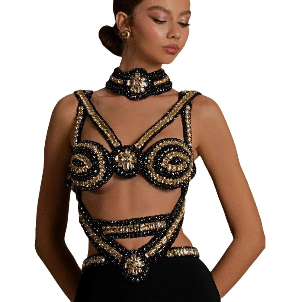 Black gold bandage dress with hollowed out suspender and backless cocktail dress