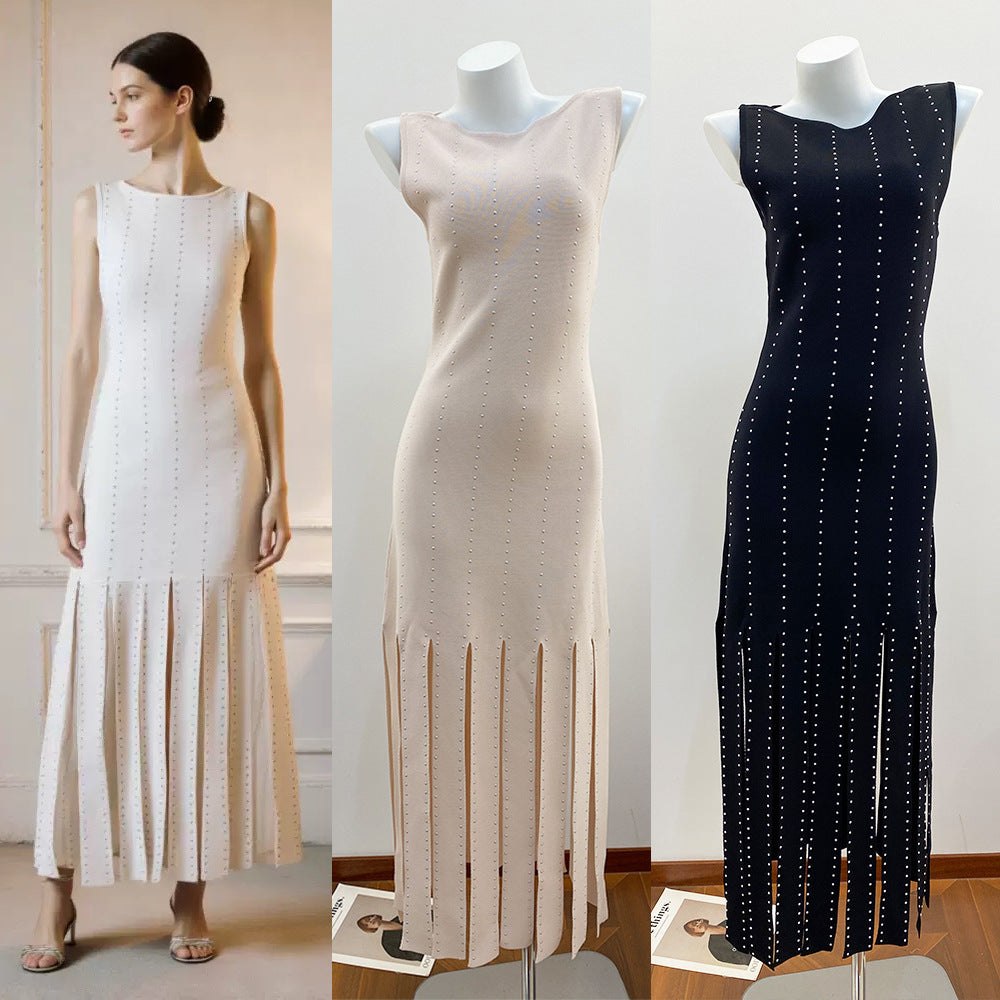 Elegant Beige Hem-Slit Knitted Dress with Embellished Beading, Vintage Style One-Piece Dress