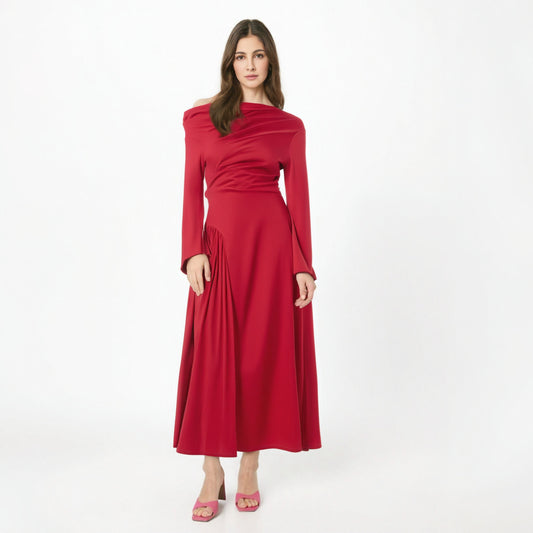 Vietnamese niche high-end stacked off shoulder dress women's autumn new collection waist cinching and slimming flared sleeves pleated long skirt