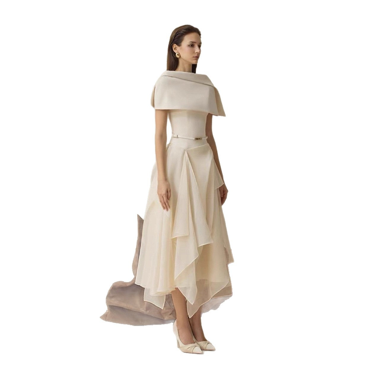 Waist Cinched Dress with Cape Two-Piece Set Long Dress