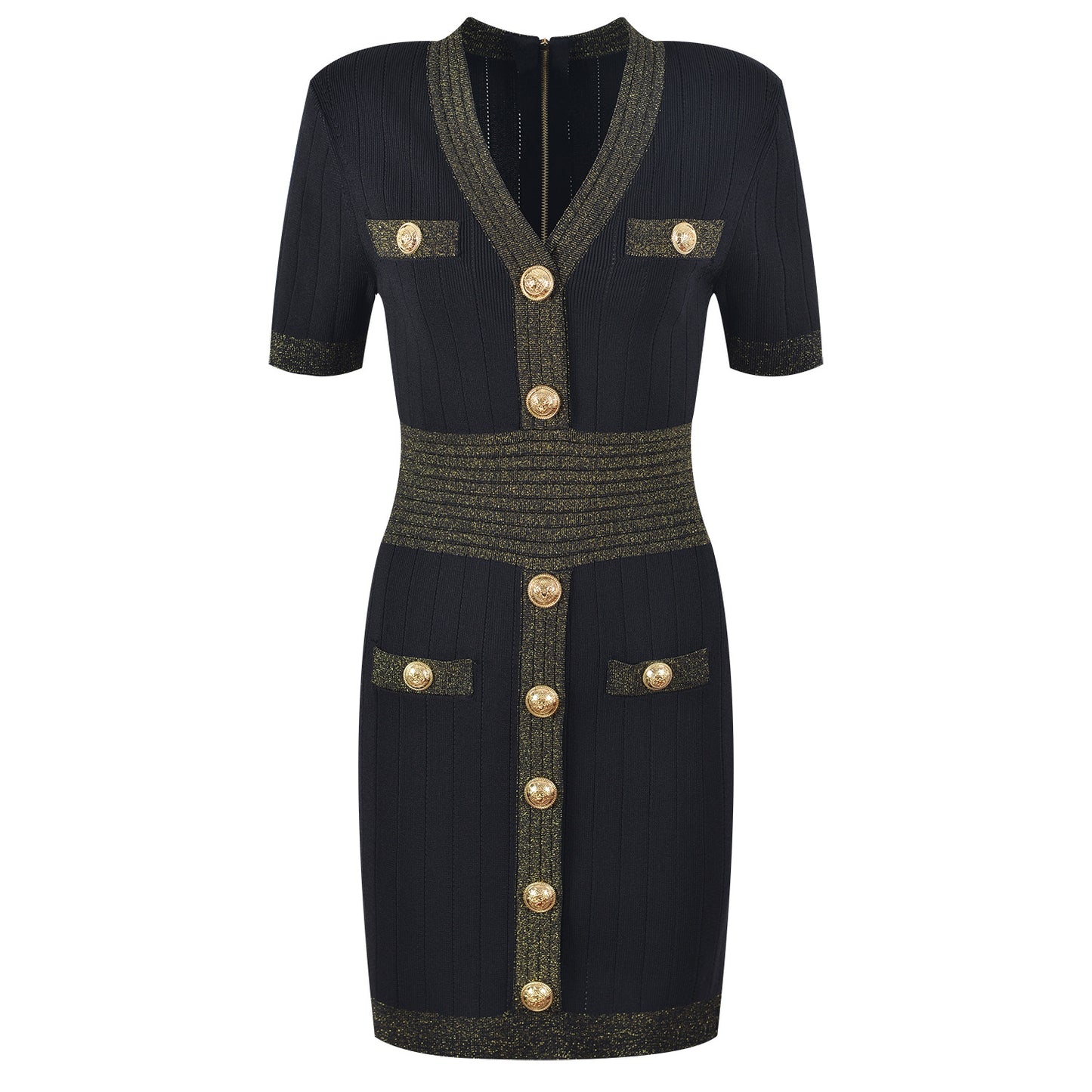 Gold buckle V-neck ice silk knitted dress, slim fit, waist cinching, slimming and hip hugging skirt