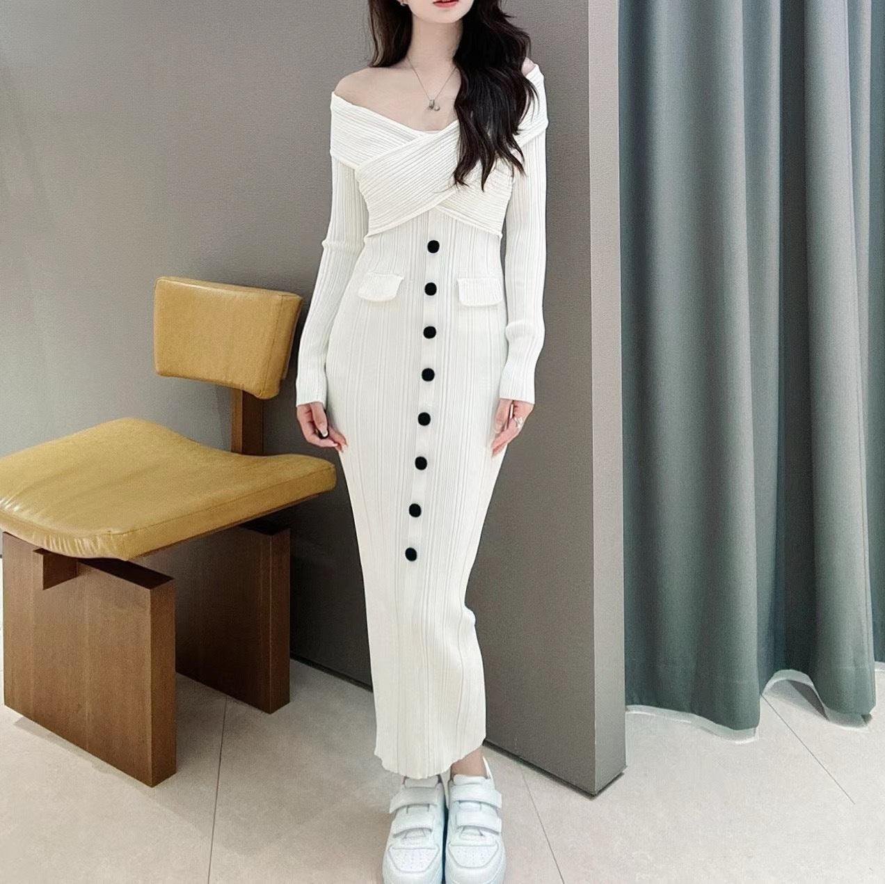 One-shoulder sexy slim knitted dress evening dress with hip-hugging long skirt