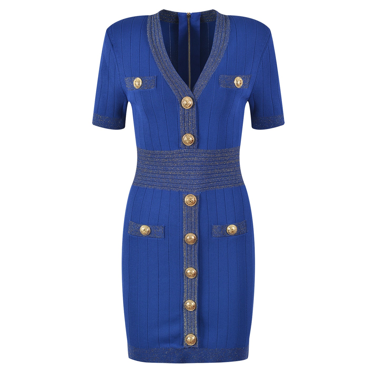 Gold buckle V-neck ice silk knitted dress, slim fit, waist cinching, slimming and hip hugging skirt