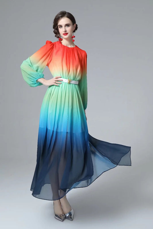 Spring And Summer New Women's Round Neck Lantern Long Sleeve Gradient Sexy Slit Dress