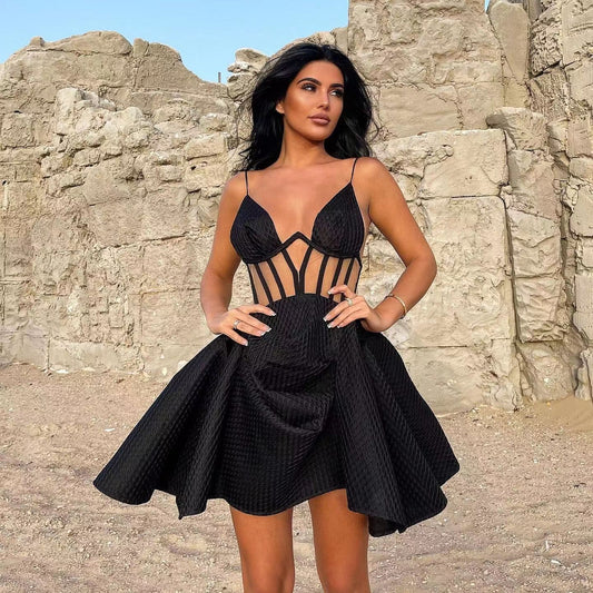 Summer Fashion Sexy Suspenders Mesh See-Through Pleated Backless Tutu Skirt Stunning Commuter High Waist Dress