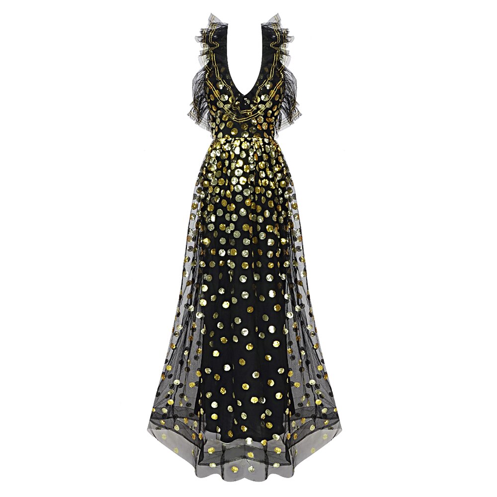 Backless Black Evening Dress Women V Neck Sleeveless Ruffles Sequins Dress Summer New Trendy