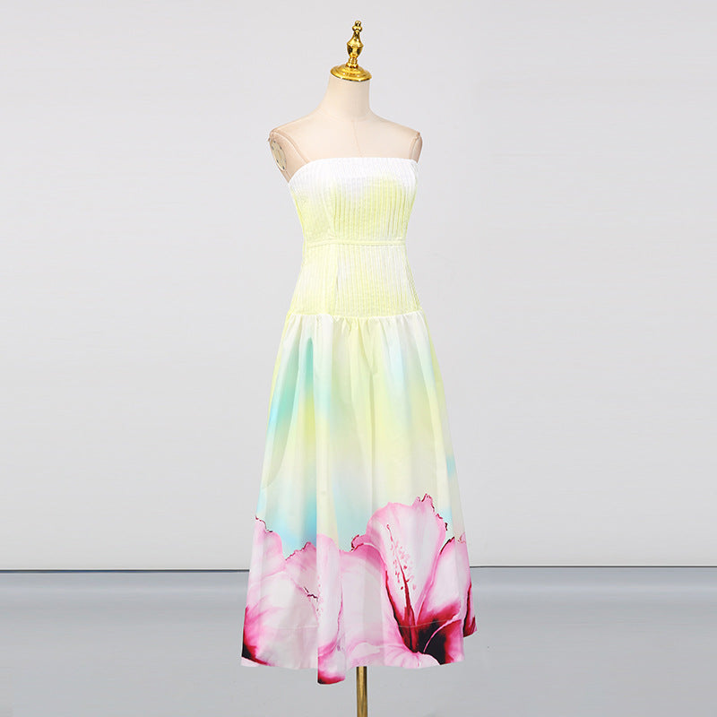 French Trendy Sexy Strapless Dress Fashion Floral Print Pleated Fitted Sleeveless Dress