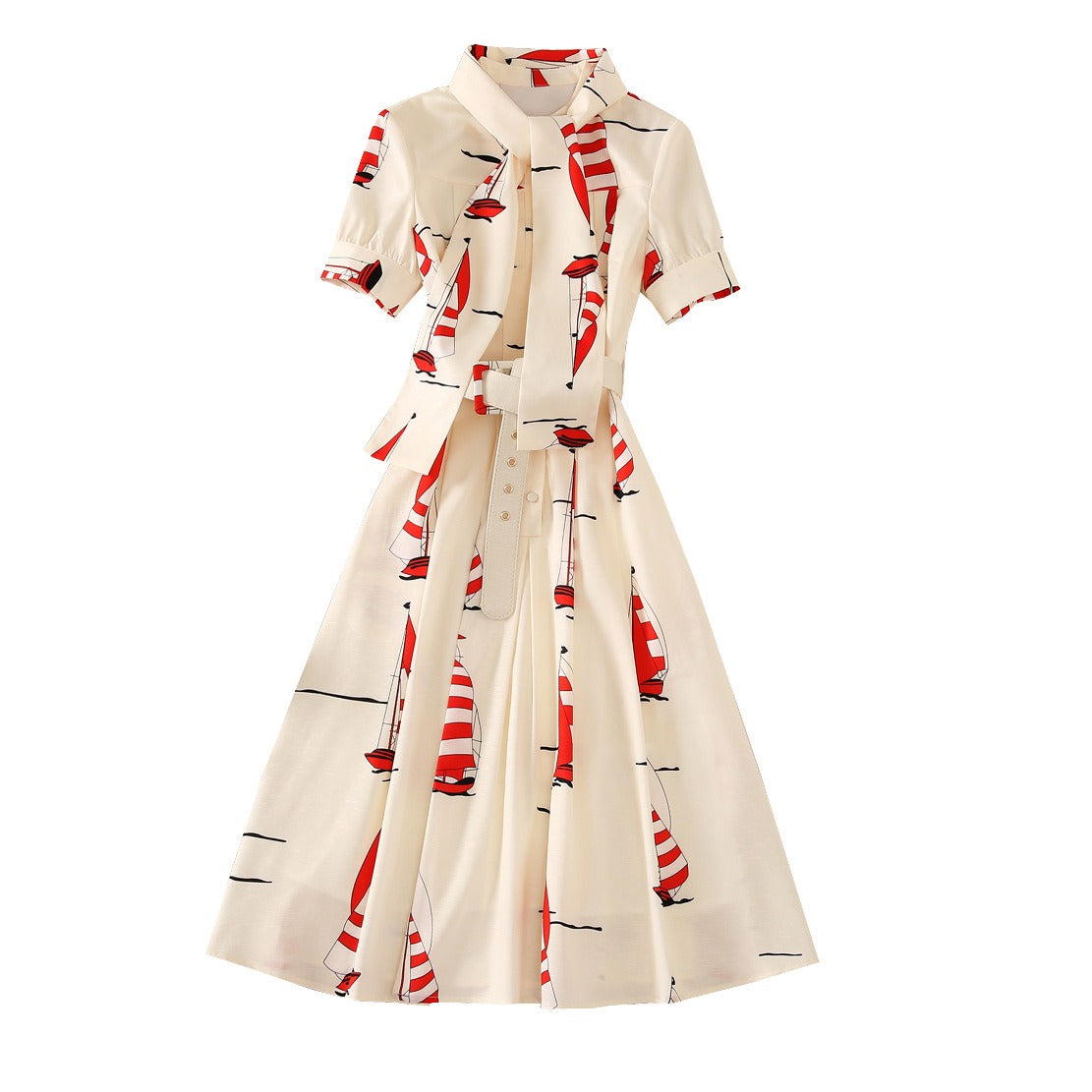 European and American style lapel short-sleeved boat print shirt dress