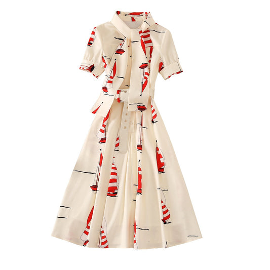 European and American style lapel short-sleeved boat print shirt dress