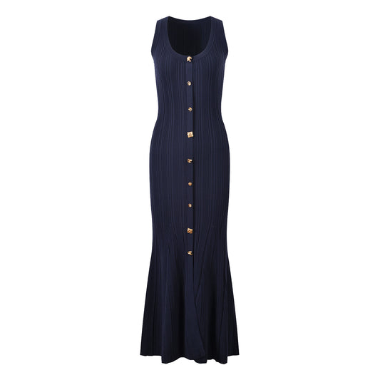 French socialite temperament fashionable and elegant slim fit and slimming round neck single breasted sleeveless knitted dress long skirt