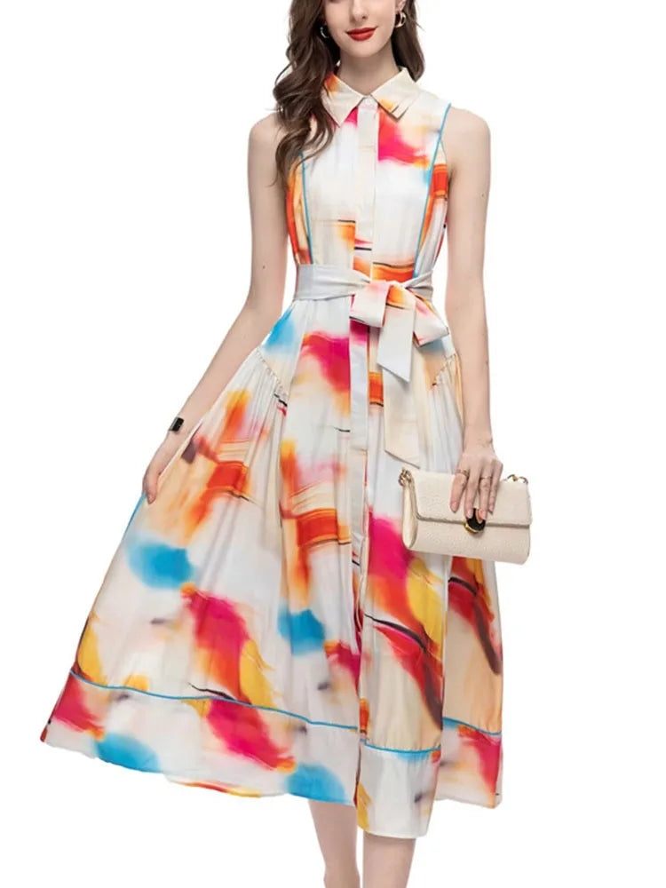 Single Breasted Lapel Print Draped Sleeveless Evening Dresses For Women Multi Elegant Light Luxury Dress