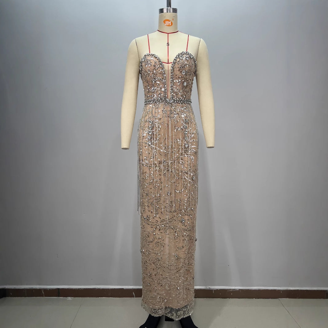 Sexy Shiny Rhinestone Sequin Strapless Dress  Female Singers Gogo Performance Party Evening Gown