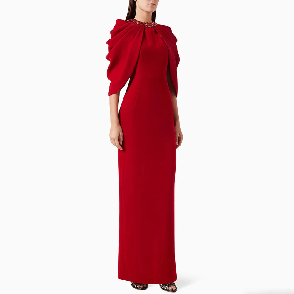Evening Gown Long Dress with Batwing Sleeve, Shoulder Sleeve, Fitted Beaded Red Full-Length Dress