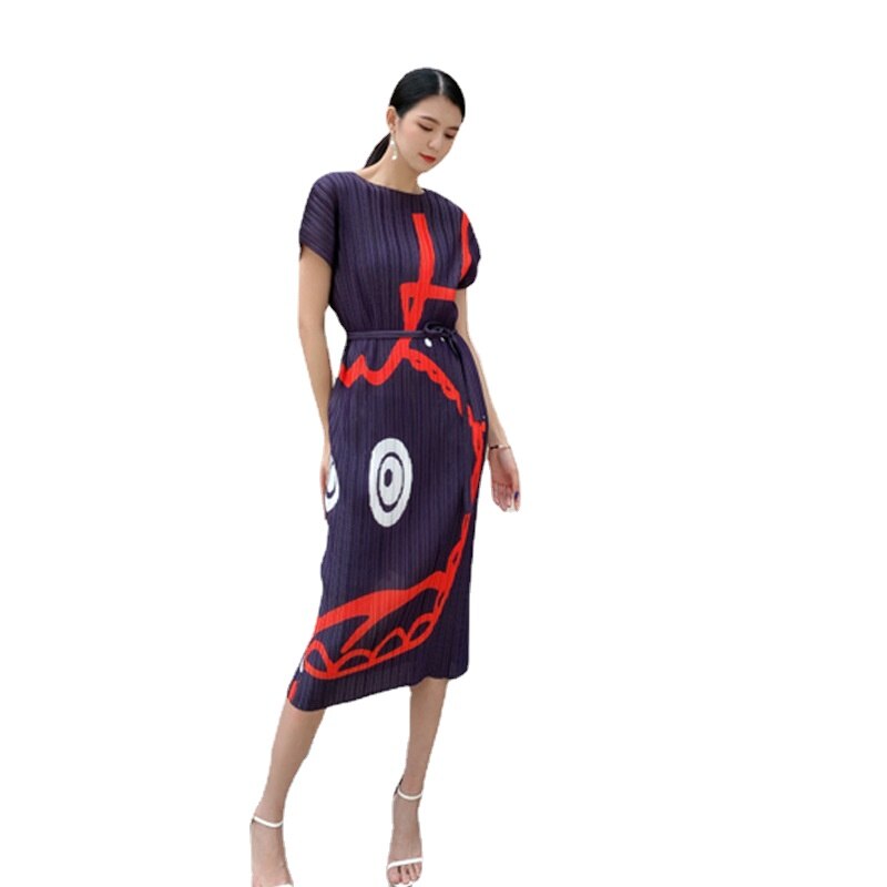 Wrinkled Summer High-Waisted Long Skirt Slimming Round Neck And Front And Back Dress