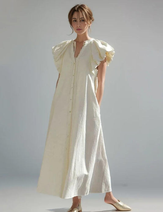 Fashion Women's Dress V-neck Flying Sleeves Single Breasted Lace-up Loose Ankle-length Dresses Summer  New Tide