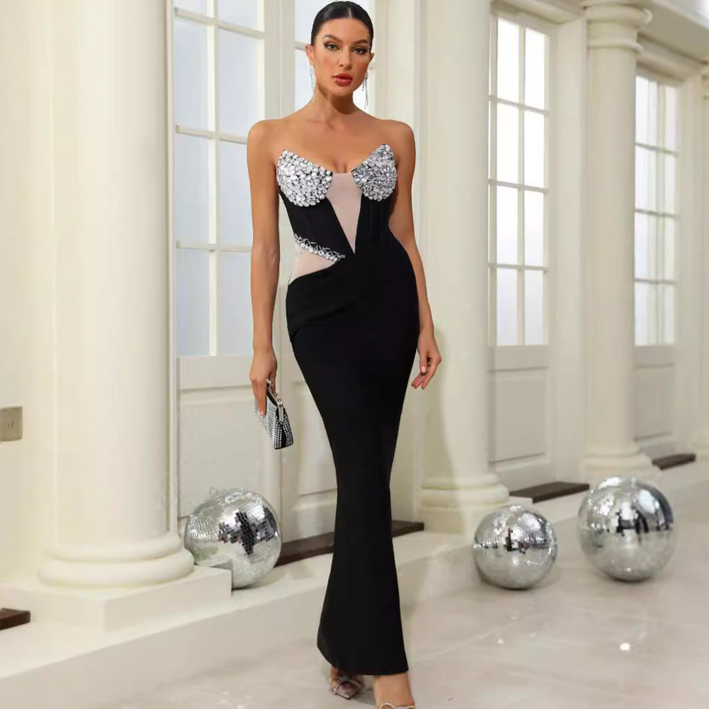 Fashionable sexy V-neck diamond chest cup mesh backless bandage dress high elastic evening dress - CIANARA