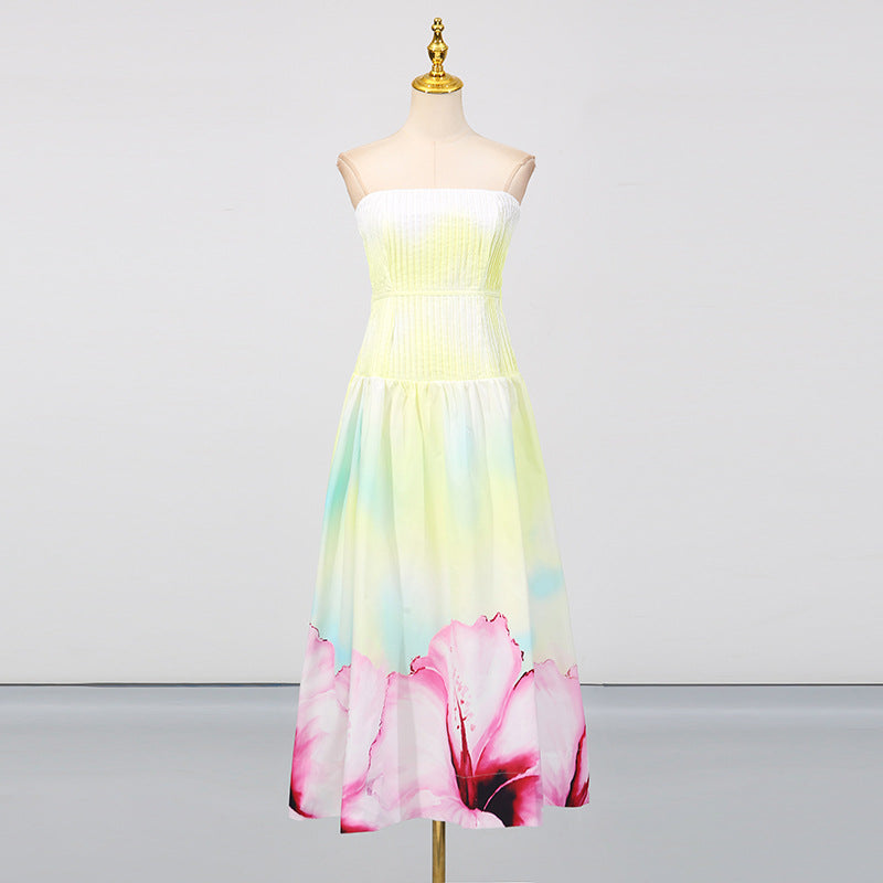 French Trendy Sexy Strapless Dress Fashion Floral Print Pleated Fitted Sleeveless Dress