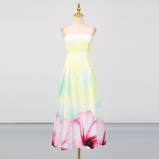 French Trendy Sexy Strapless Dress Fashion Floral Print Pleated Fitted Sleeveless Dress