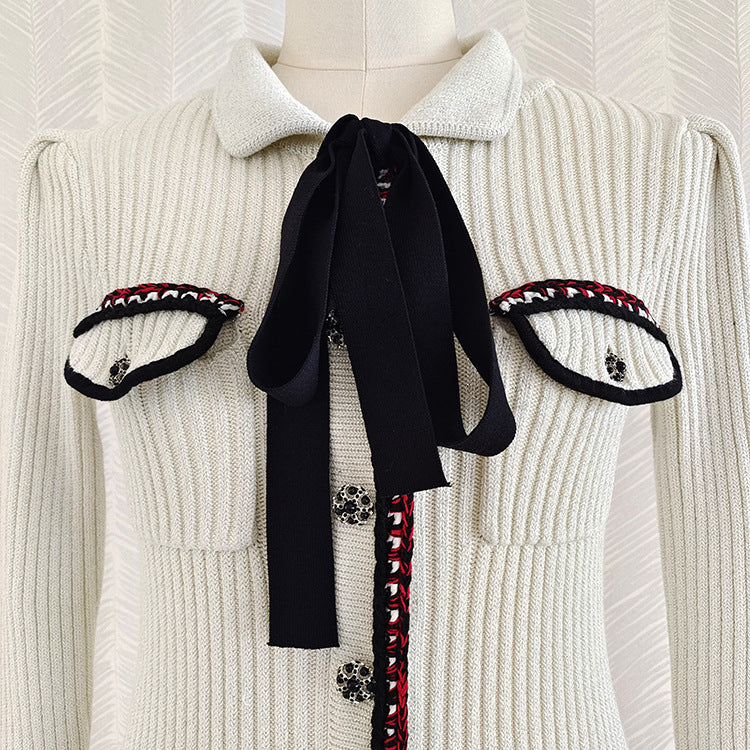 Lace-Up Crystal Breast Lapel Long Sleeve Knitted Long Slim Fit Solid Color Dress