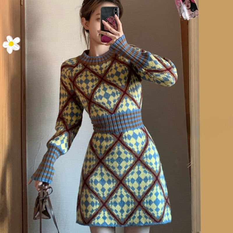 New Women's Waist and Thin Temperament Bottoming with New Year's Thick Sweater Skirt Knitted Dress Autumn and Winter O-Neck
