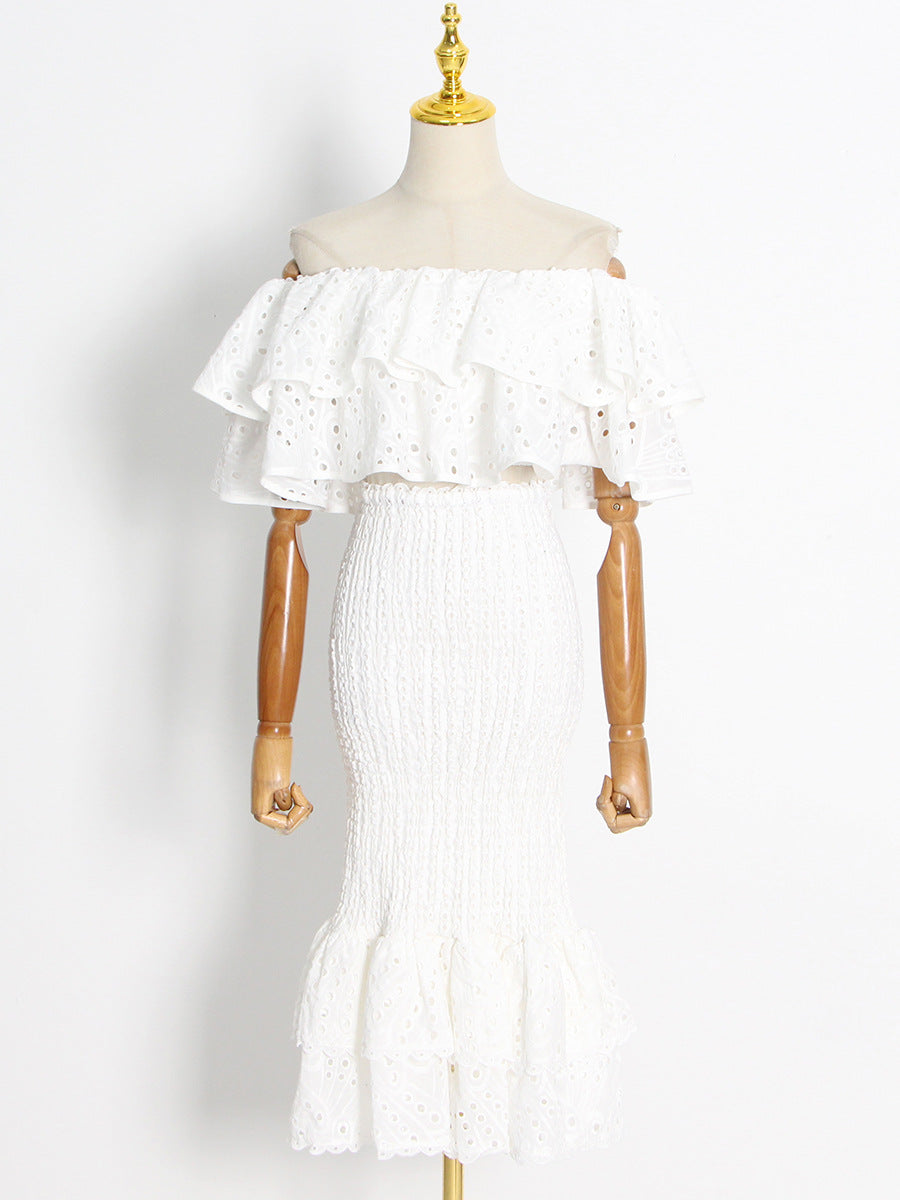 Beach Vacation Style Fashion Casual Set Women Ruffle Irregular Blouse + High Waist Mermaid Skirt Set