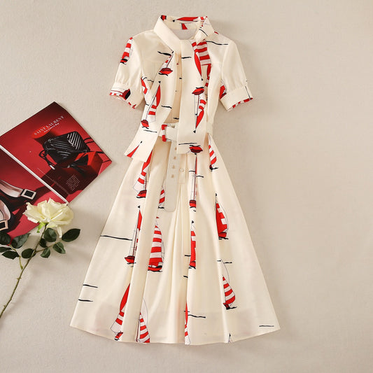 European and American style lapel short-sleeved boat print shirt dress