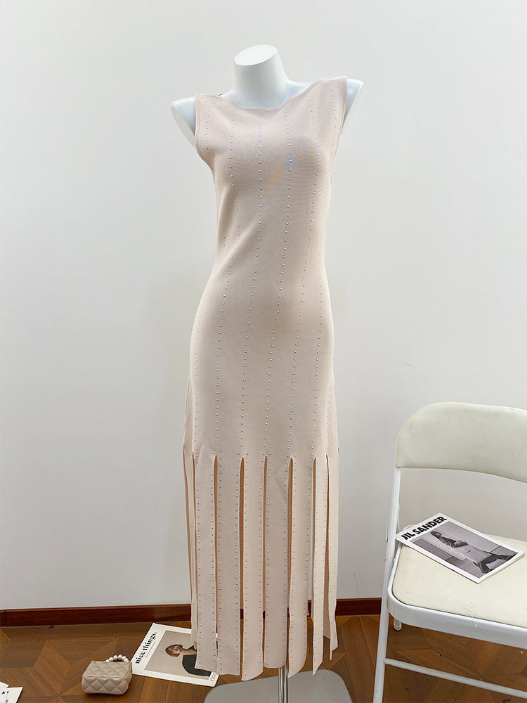 Elegant Beige Hem-Slit Knitted Dress with Embellished Beading, Vintage Style One-Piece Dress