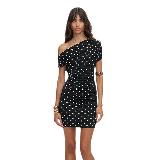 Asymmetric off shoulder pleated waist dress