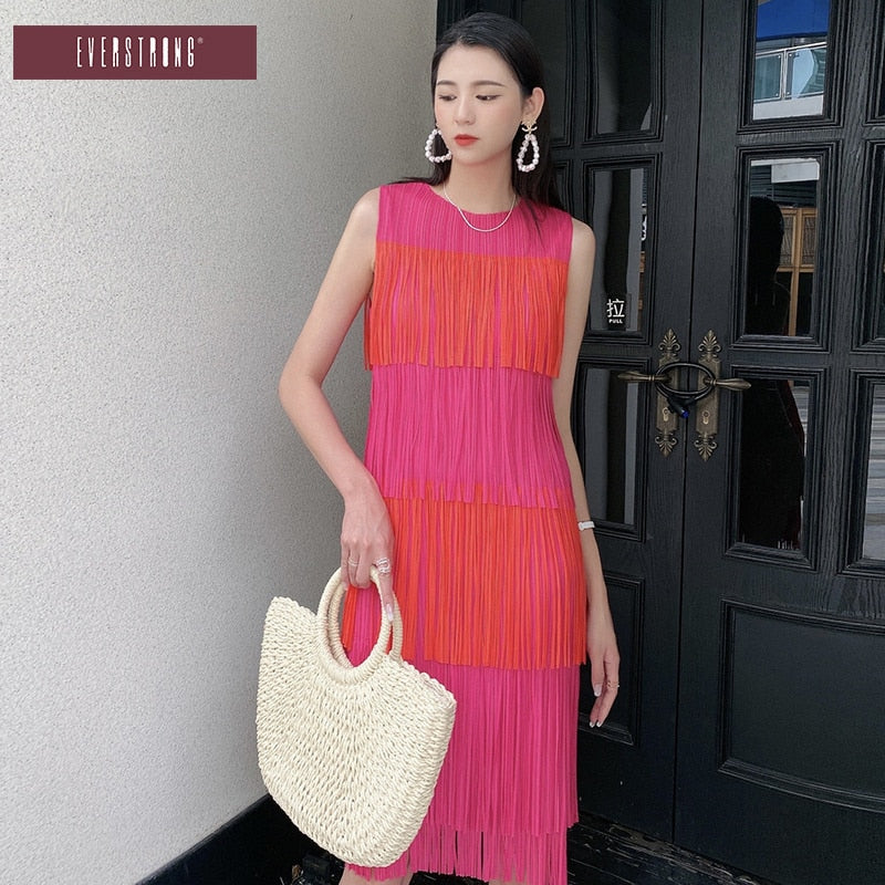 Woman Pleated Dress Hit Color Tassel Multi-layer Round Collar Sleeveless Loose Casual Style