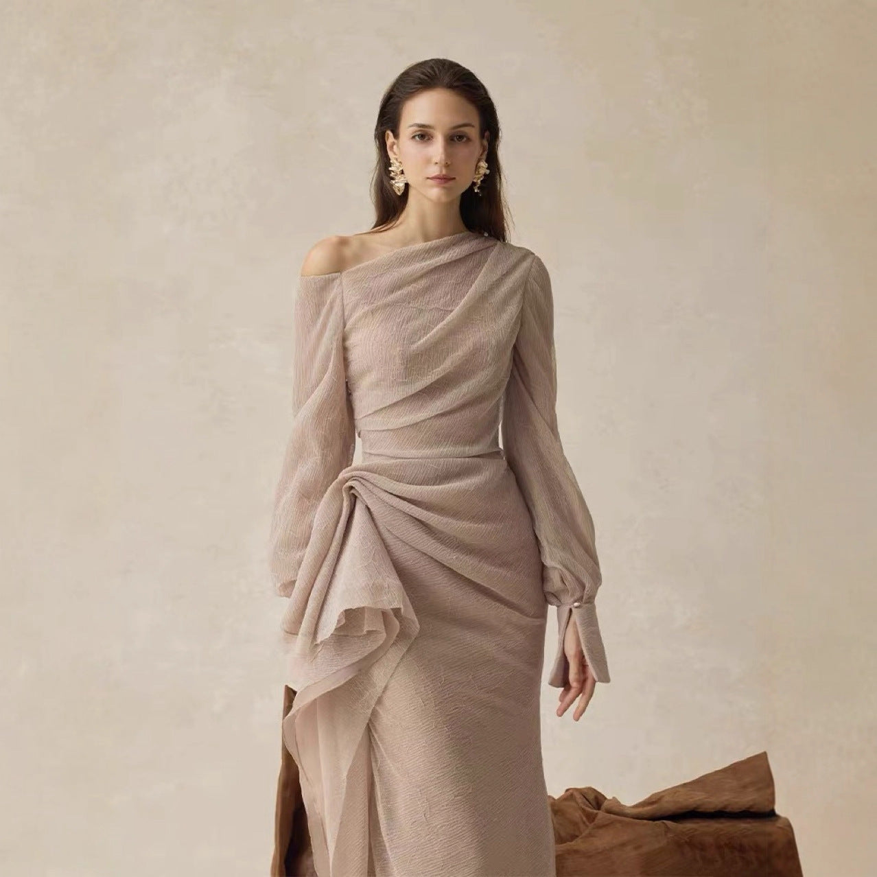 Gentle Style Pleated Long Sleeve Fitted Dress with Asymmetrical Shoulder, Elegant Designer Dress in Khaki