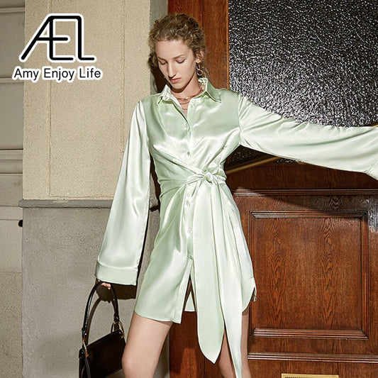 AEL Summer Satin Shirt Dress Women Lace Up Loose Streetwear Light Green Pajama Look 100% Acetate Fibre