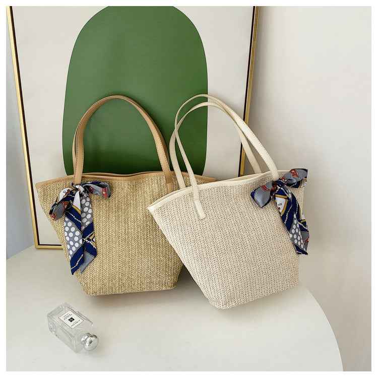 Summer Hand Held Large Capacity Straw Bag Retro Silk Scarf Woven Bag Beach Tote Bag One-Shoulder Wild Vegetable Basket Bag